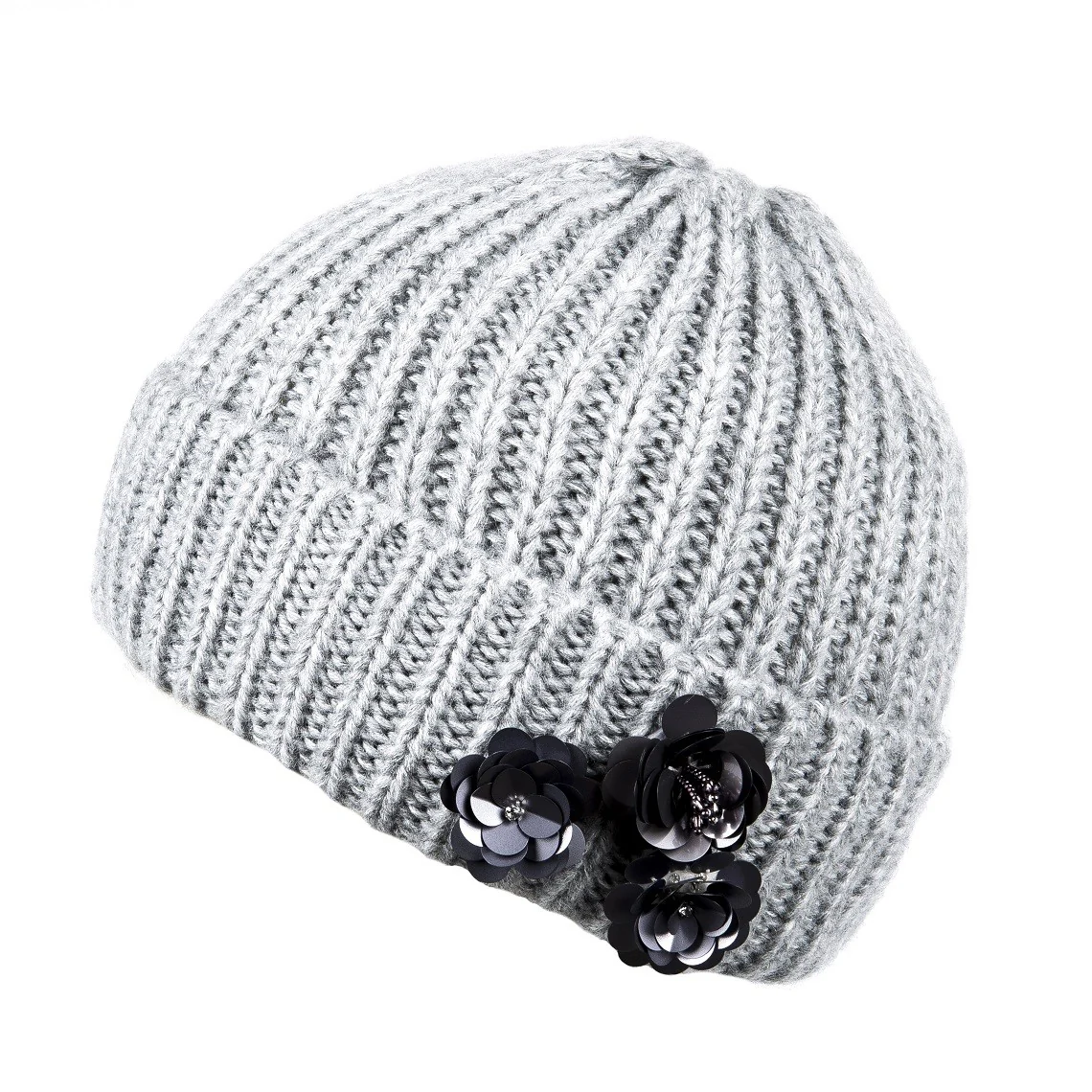 Flower Embellished Ribbed Beanie Hat Grey - Image 2