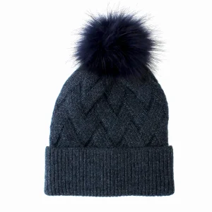 Women's Winter Weave Pattern Faux Fur Pom Bobble Hat Blue