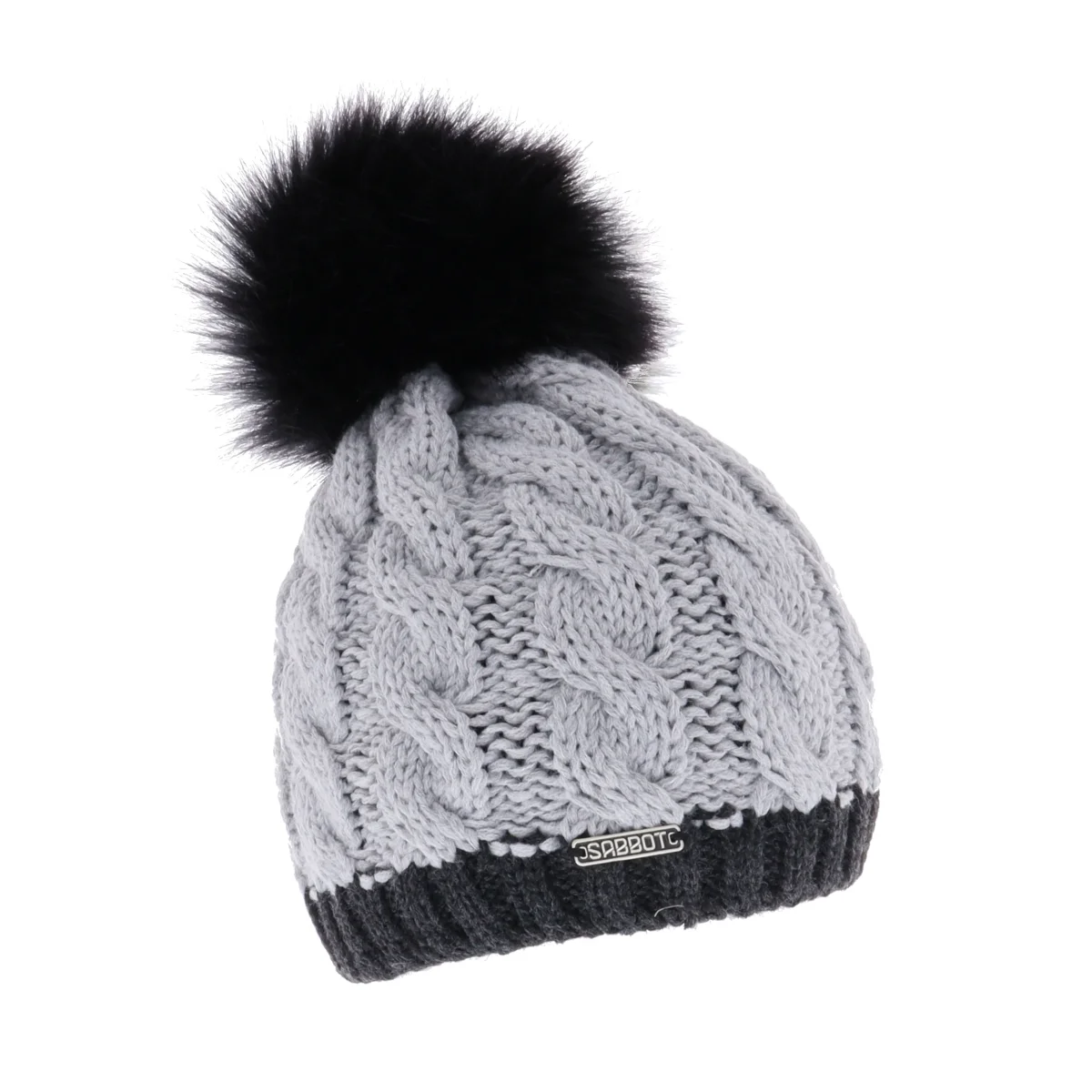 Sabbot Andrea Chunky Knit Faux Fur Bobble Hat Grey/Black - Image 2